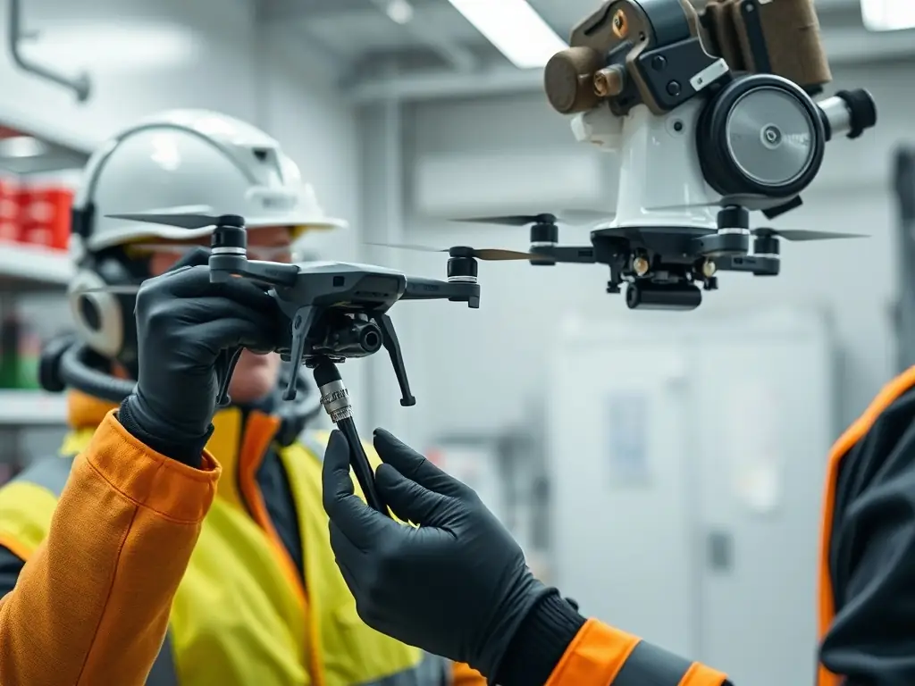 Person disarming a small autonomous drone in a controlled environment.