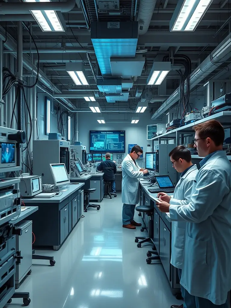 Researchers working in a high-tech laboratory on robot countermeasure technologies.
