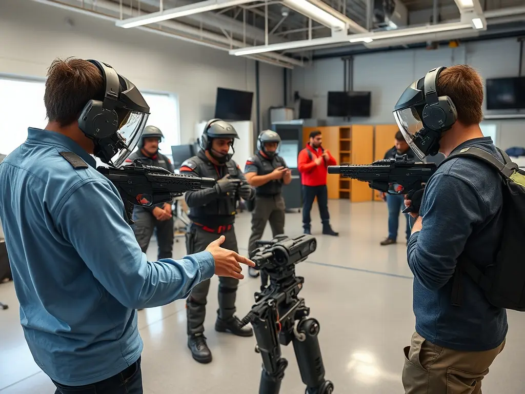 Individuals practicing defense strategies against autonomous robots in training.