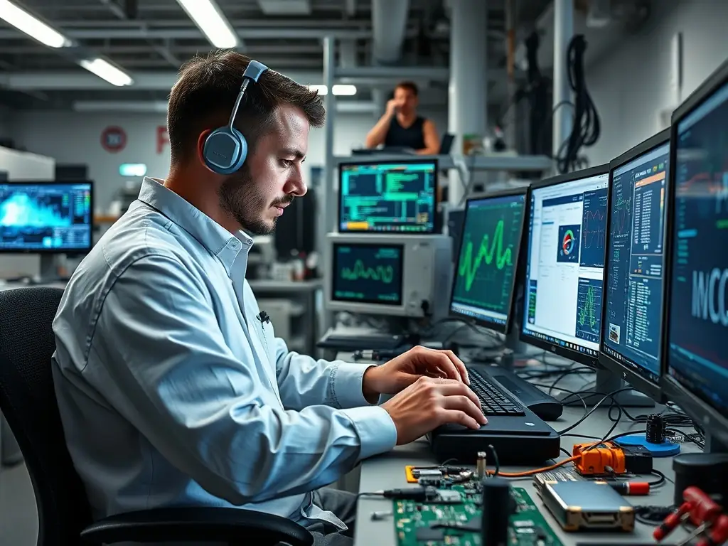 Engineer working on advanced electronic countermeasures in a lab.