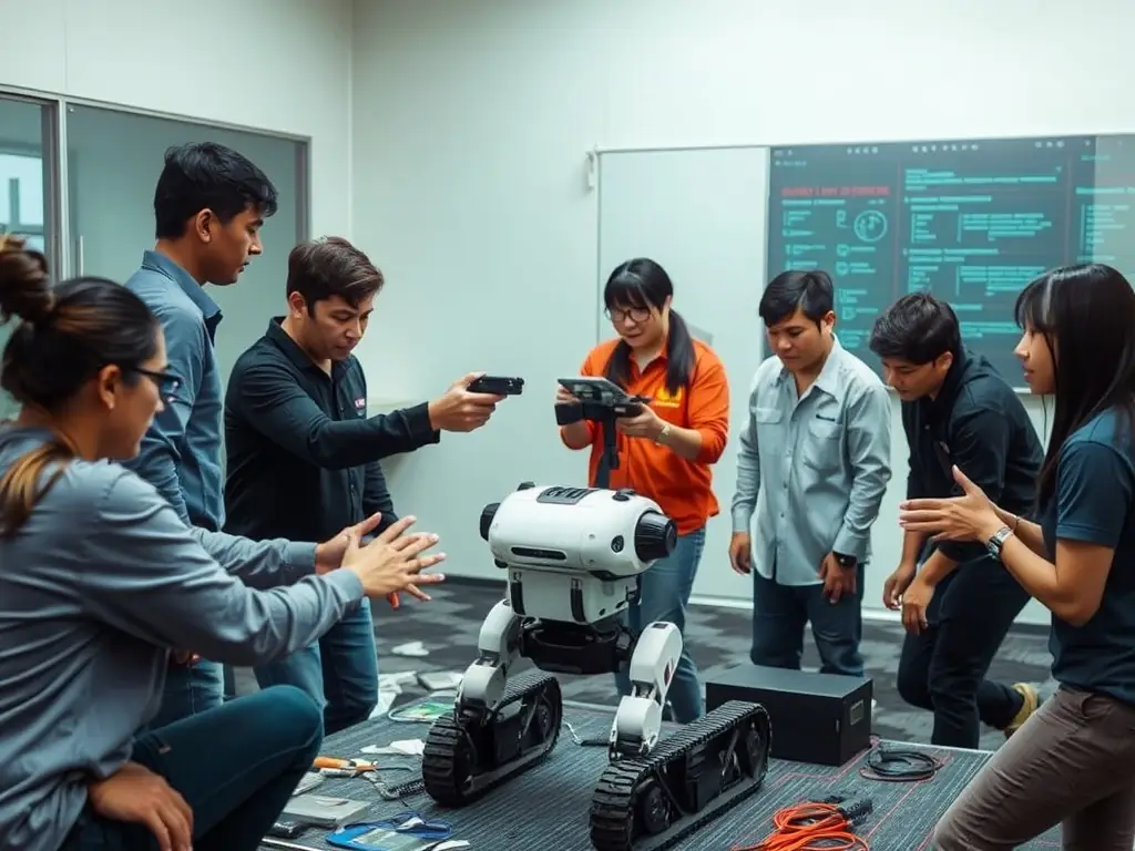 Individuals learning to disarm a simulated autonomous robot in training.