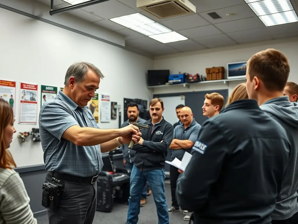 Instructor demonstrating specialized tools to students in a training session.
