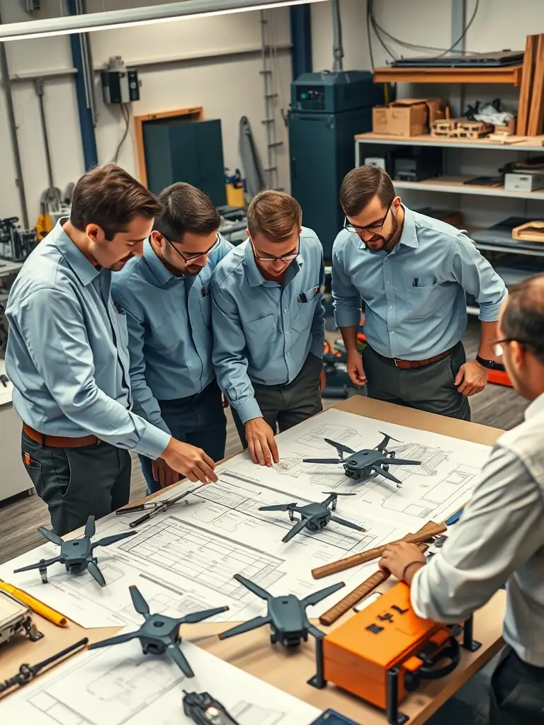 Engineers collaborating on new drone disarming technology.