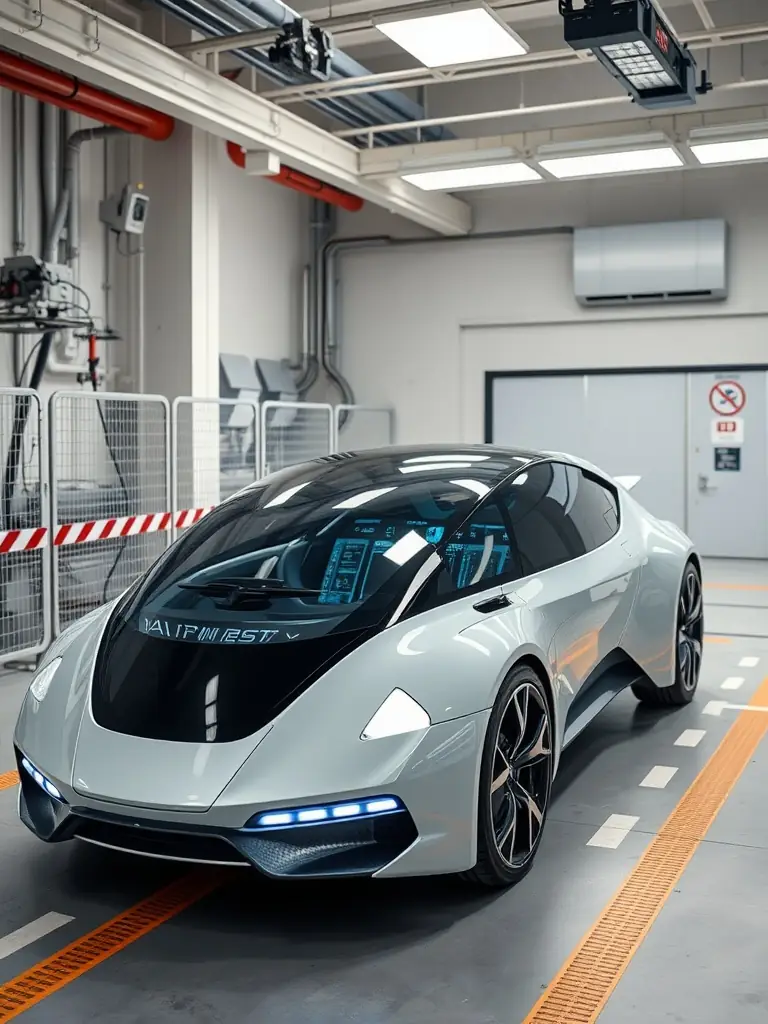 Futuristic vehicle with anti-robot technology in a secure testing facility.